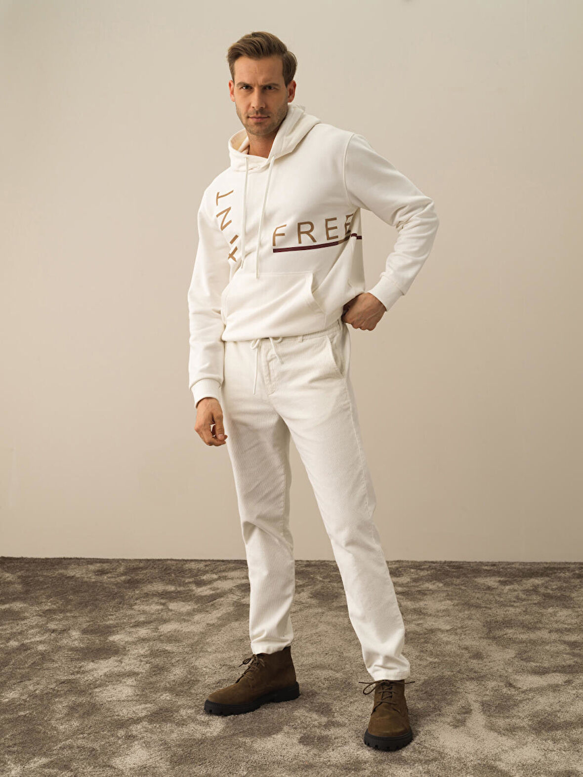 Xint Ekru Pamuk Dokulu Regular Fit Jogger Pantolon