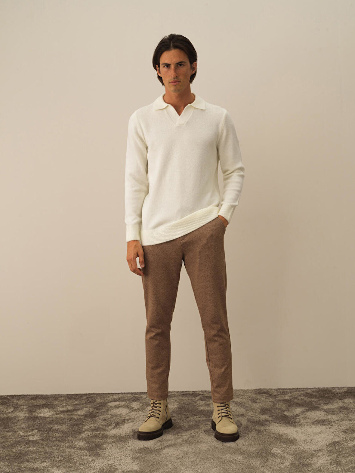 Xint Ekru Lüks Pamuk Dokulu Regular Fit Kazak