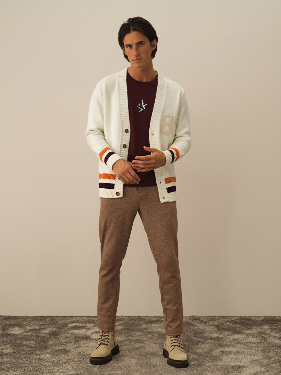 Xint Ekru Lüks Pamuk Dokulu Regular Fit Hırka