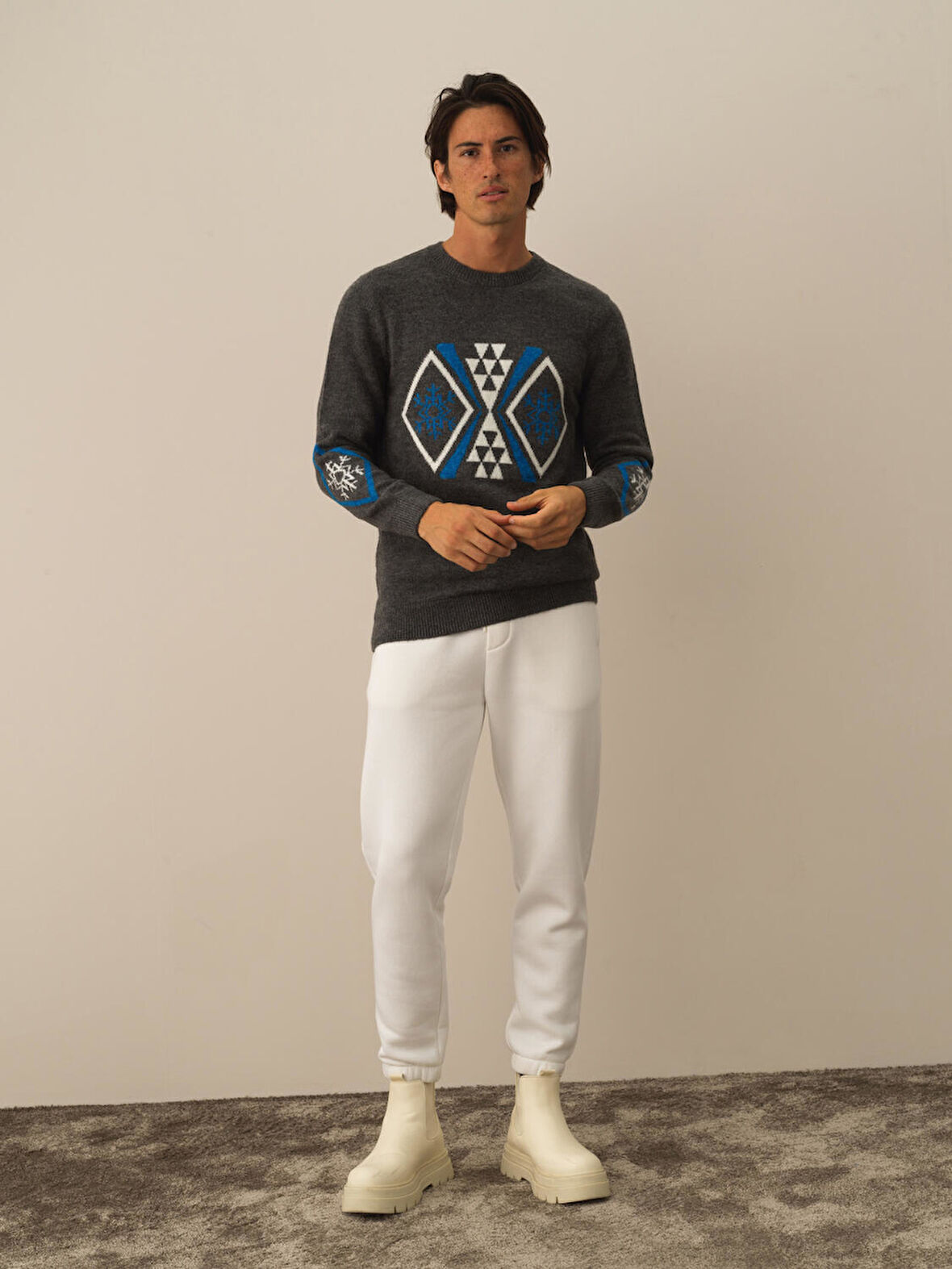 Xint Koyu Gri Dokulu Lüks Pamuk Dokulu Regular Fit Kazak