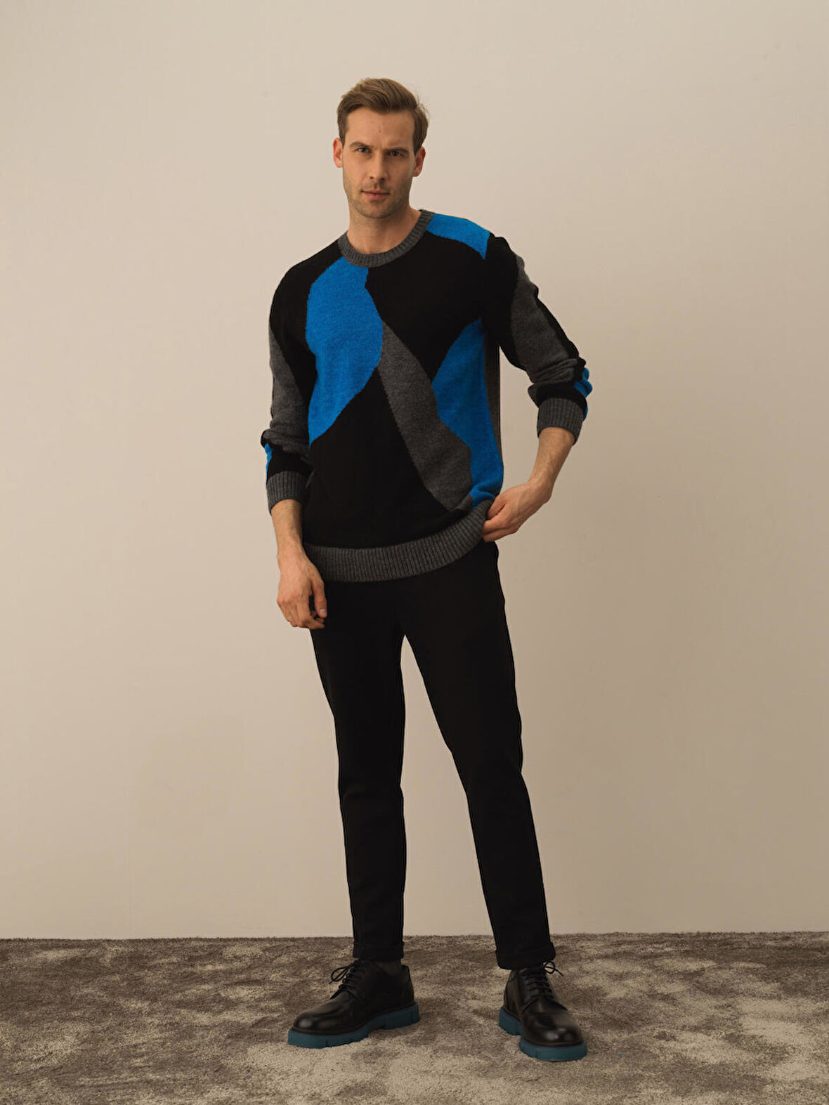 Xint Koyu Gri Dokulu Lüks Pamuk Dokulu Regular Fit Kazak