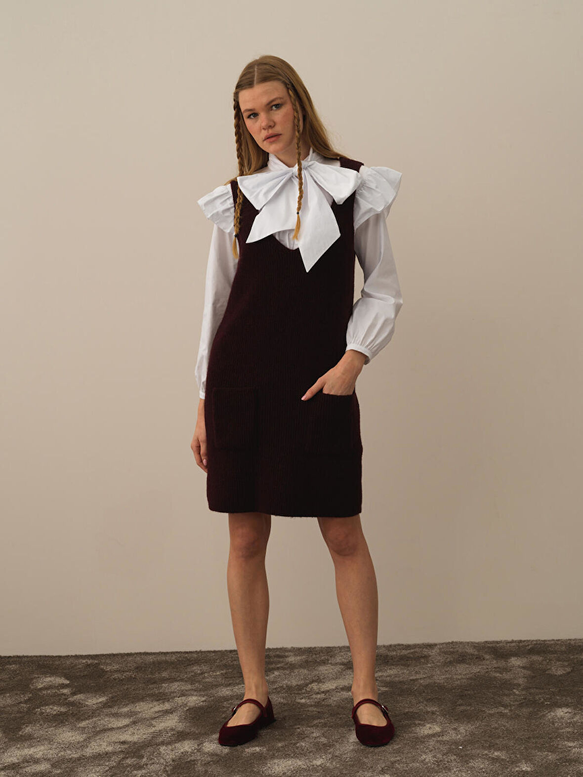 Xint Bordo Lüks Pamuk Dokulu Oversize Elbise