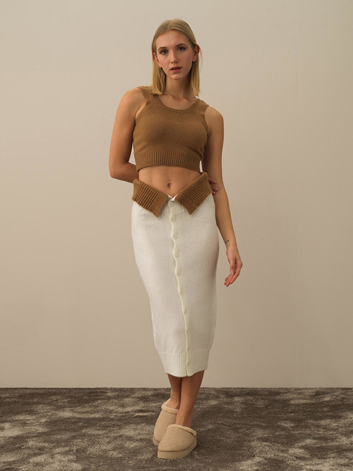 Xint Kırık Beyaz Lüks Pamuk Dokulu Oversize Etek