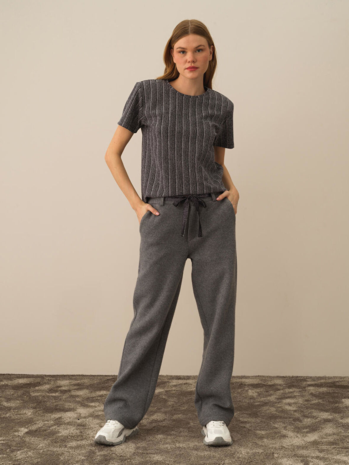 Xint Koyu Gri Pamuk Dokulu Oversize Pantolon