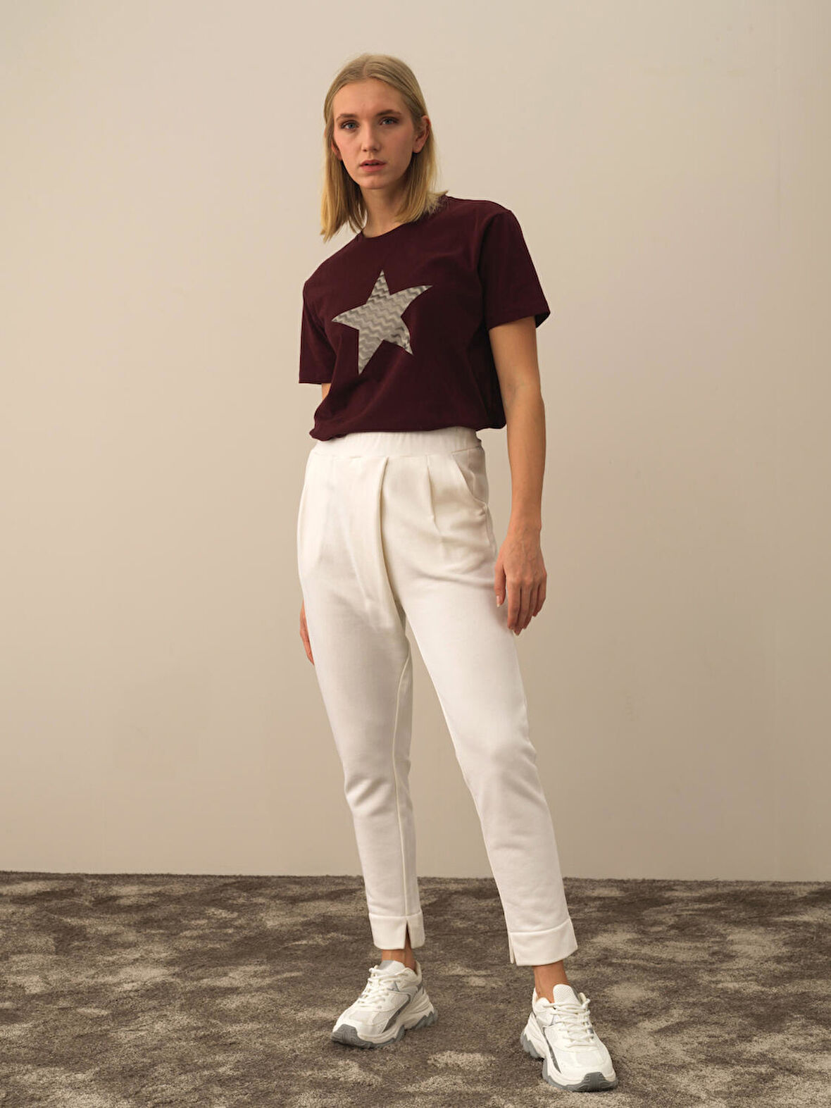 Xint Ekru Pamuk Dokulu Oversize Sweat Pantolon