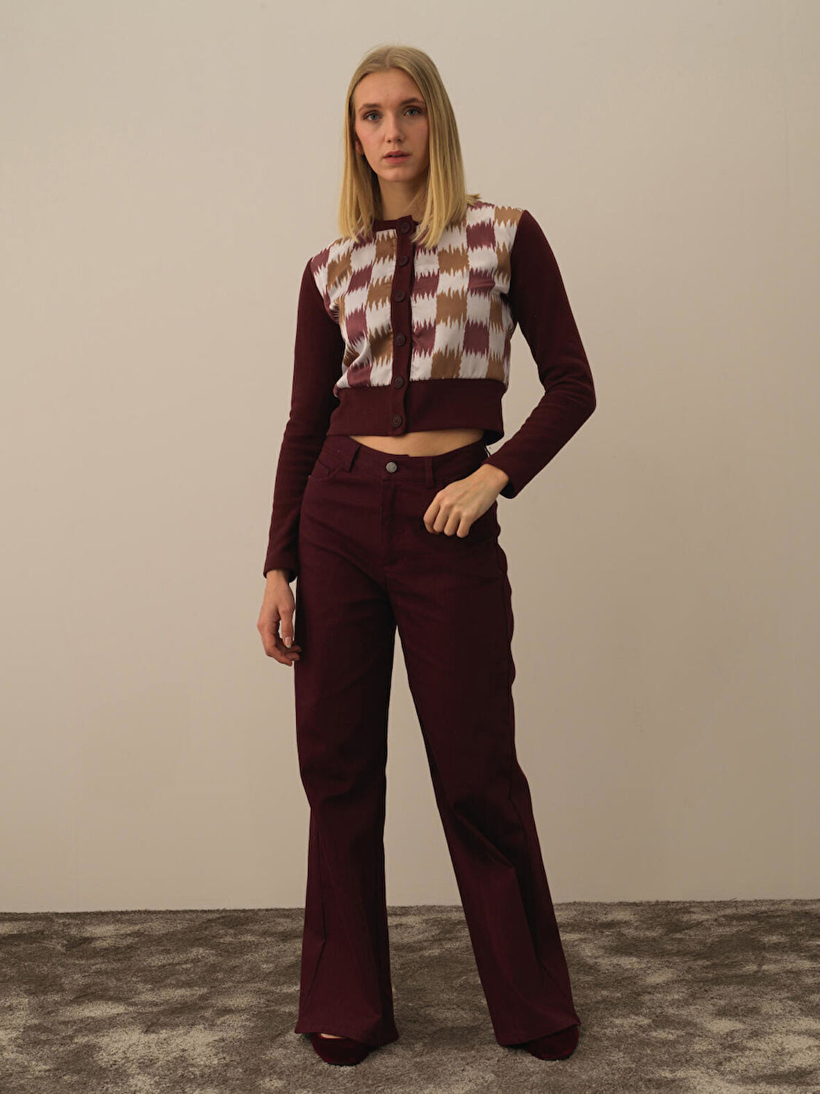 Xint Bordo Pamuk Dokulu Oversize Pantolon