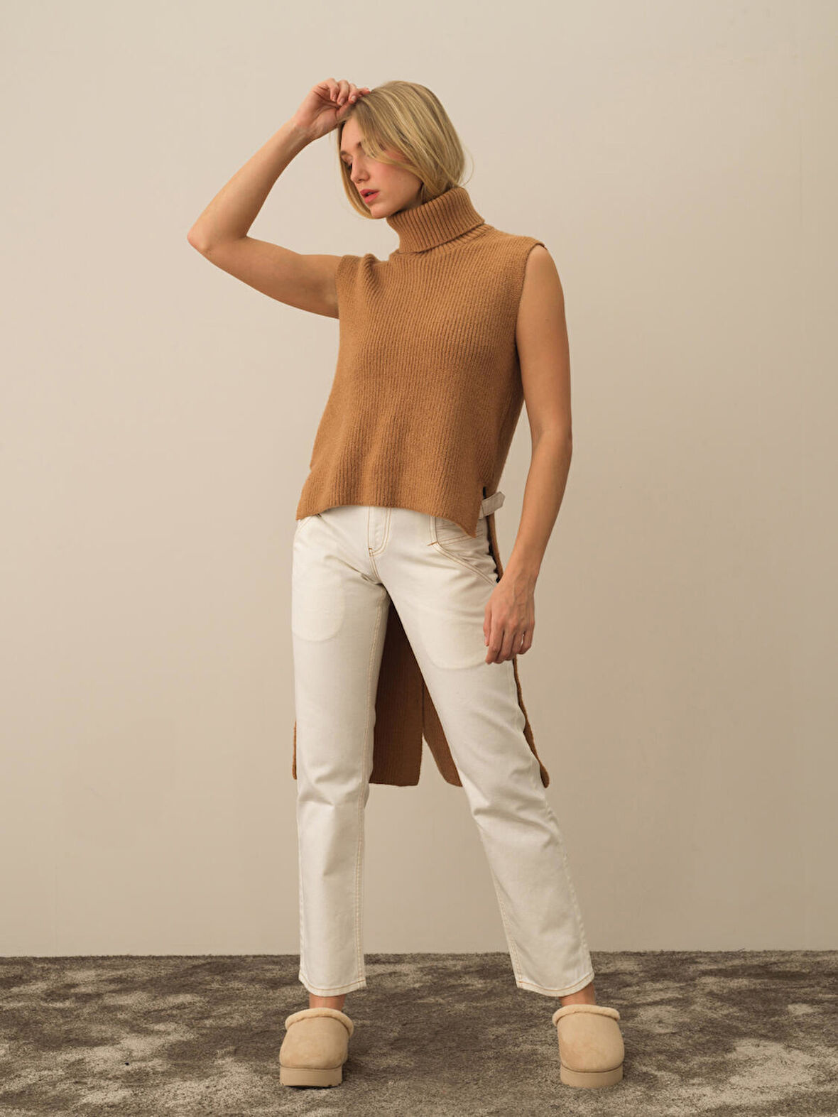 Xint Ekru Pamuk Dokulu Oversize Pantolon