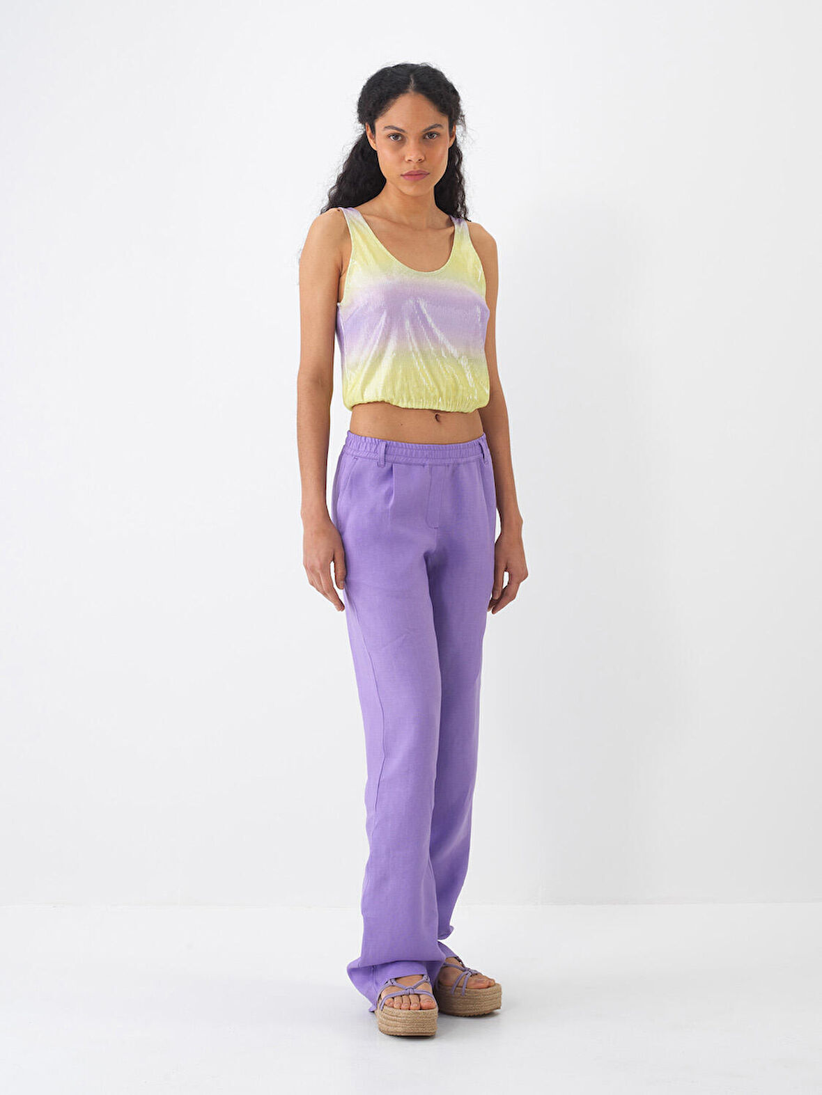 Lila Regular Fit Keten Pantolon