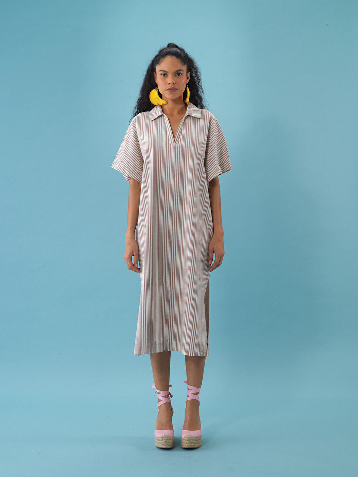 Taş Rengi Oversize Keten Elbise