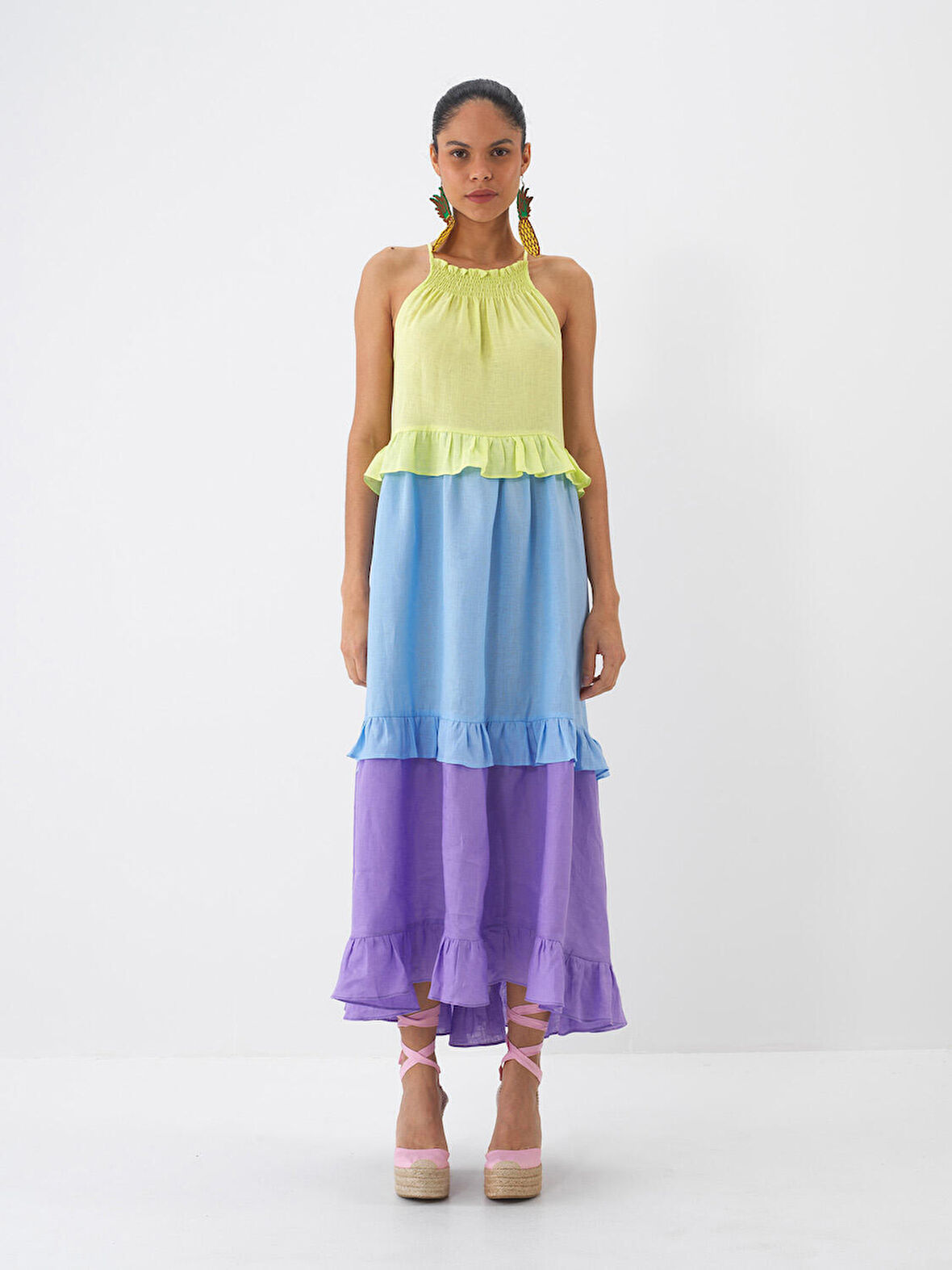Yeşil Regular Fit Keten Elbise