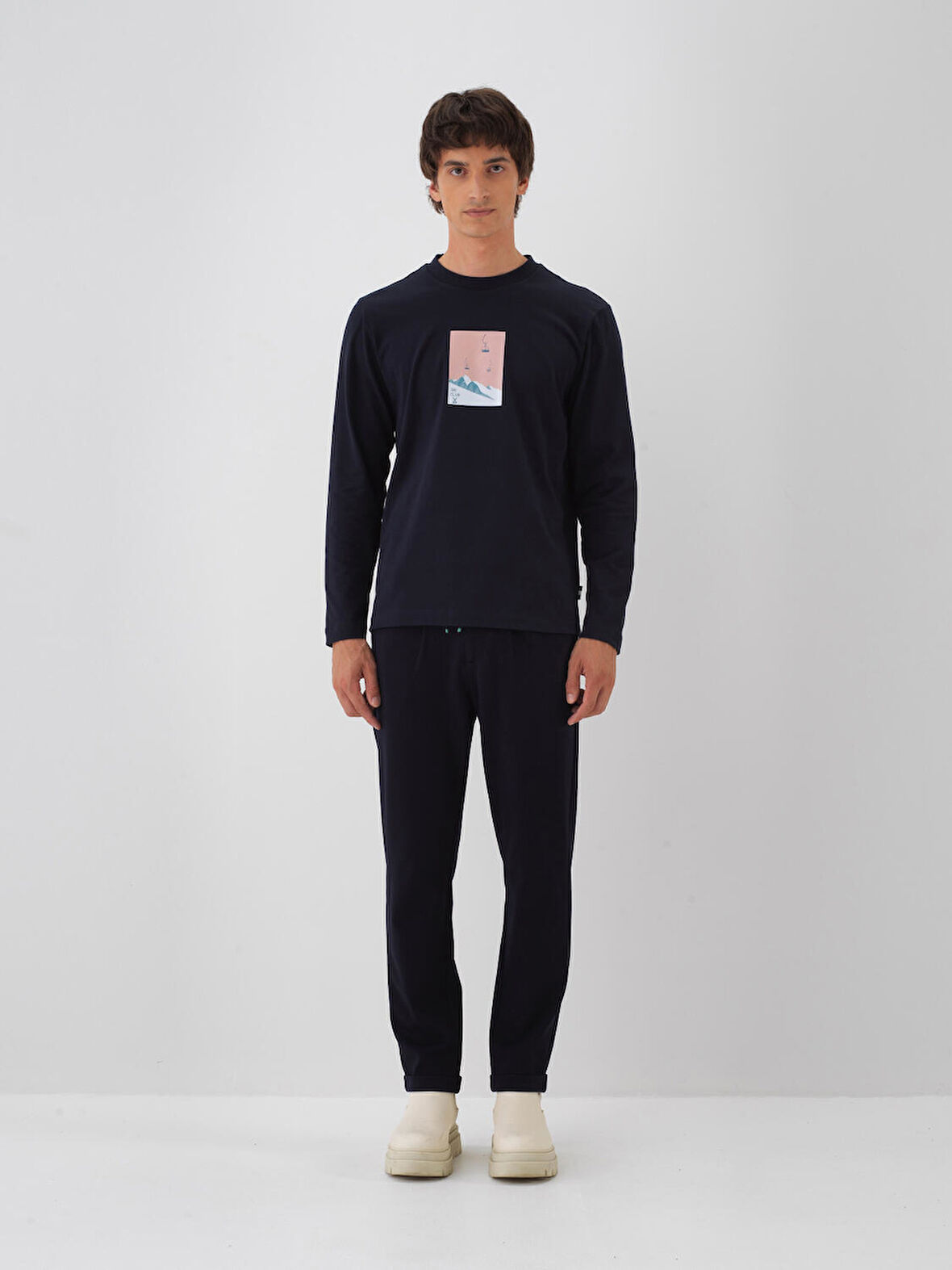 Xint Lacivert Pamuk Dokulu Regular Fit Uzun Kollu Tişört