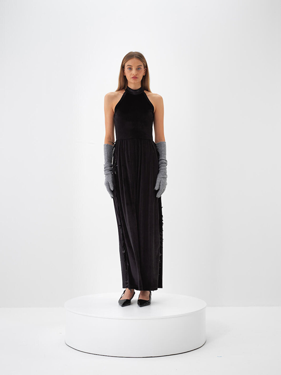 Xint Siyah Lüks Dokulu Soft Kadife Oversize Elbise