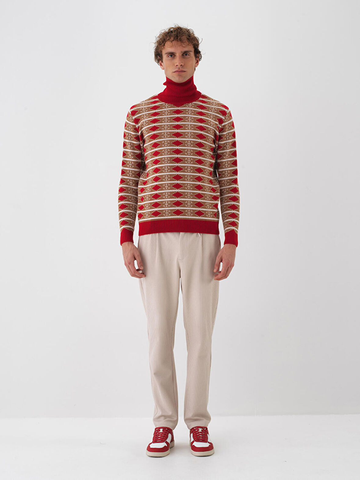 Xint Kırmızı Doğal Yün Dokulu Regular Fit Kazak