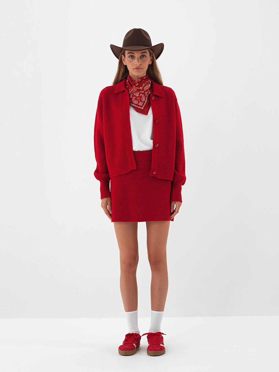 Xint Kırmızı Doğal Yün Dokulu Regular Fit Etek