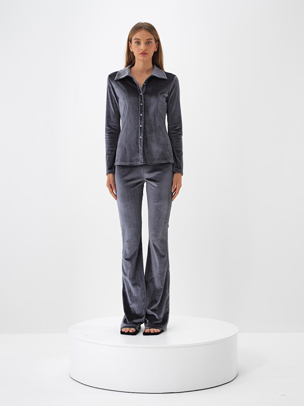 Xint Antrasit Lüks Dokulu Soft Kadife Slim Fit Gömlek