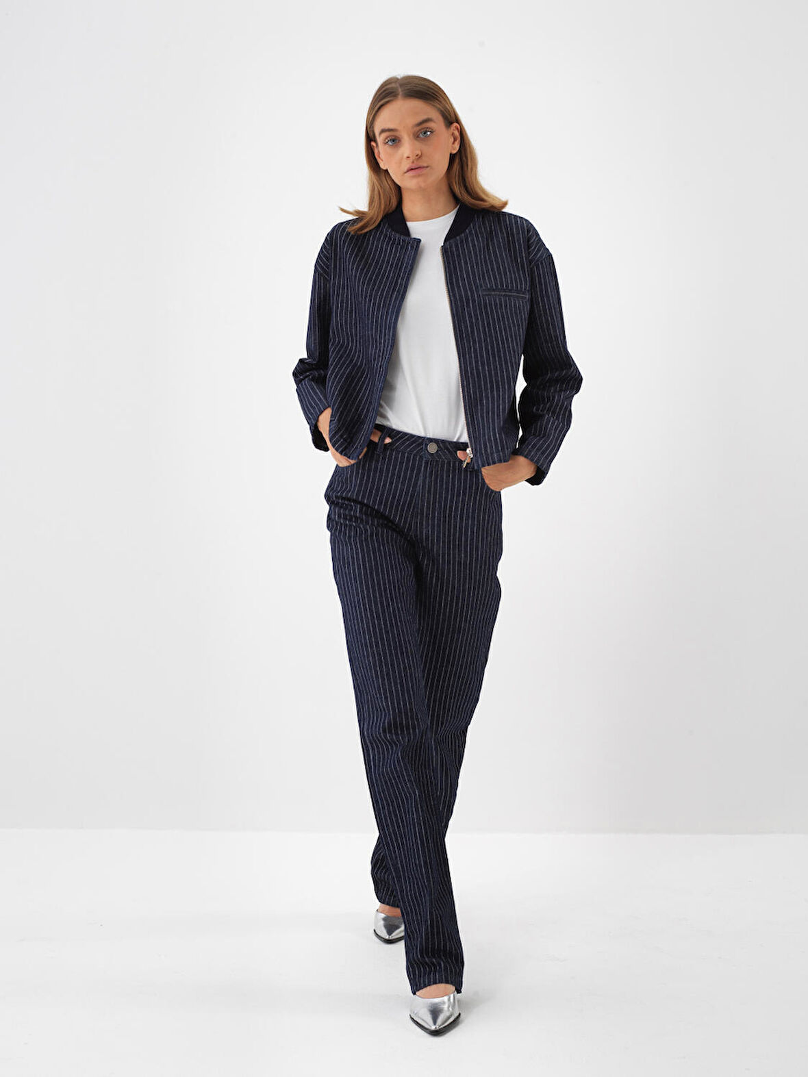 Xint Lacivert Pamuk Dokulu Oversize Pantolon
