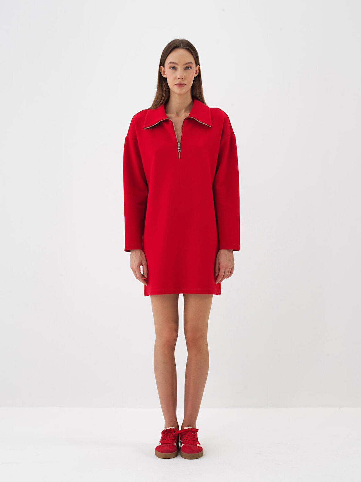 Xint Kırmızı Pamuk Dokulu Oversize Elbise