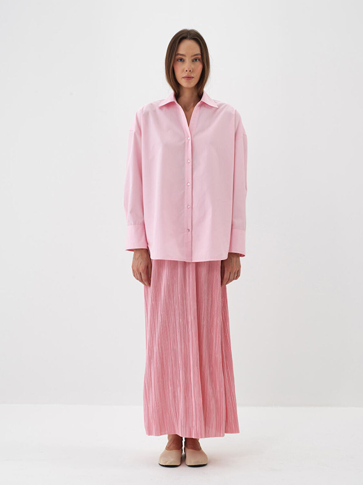 Xint Pembe Pamuk Dokulu Oversize Gömlek