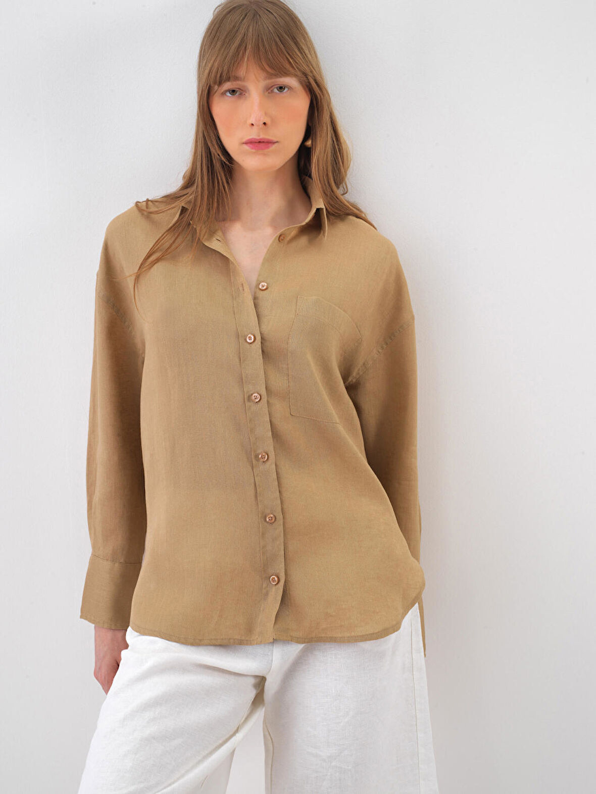 Camel Oversize Keten Gömlek