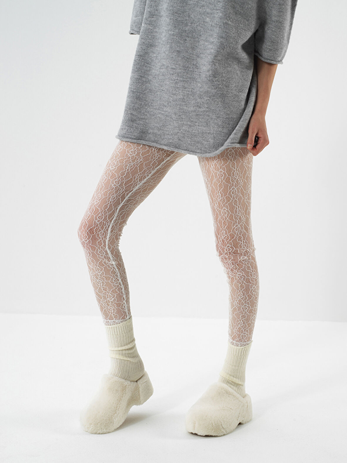 Xint Ekru İnce Dantel Detaylı Slim Fit Tayt