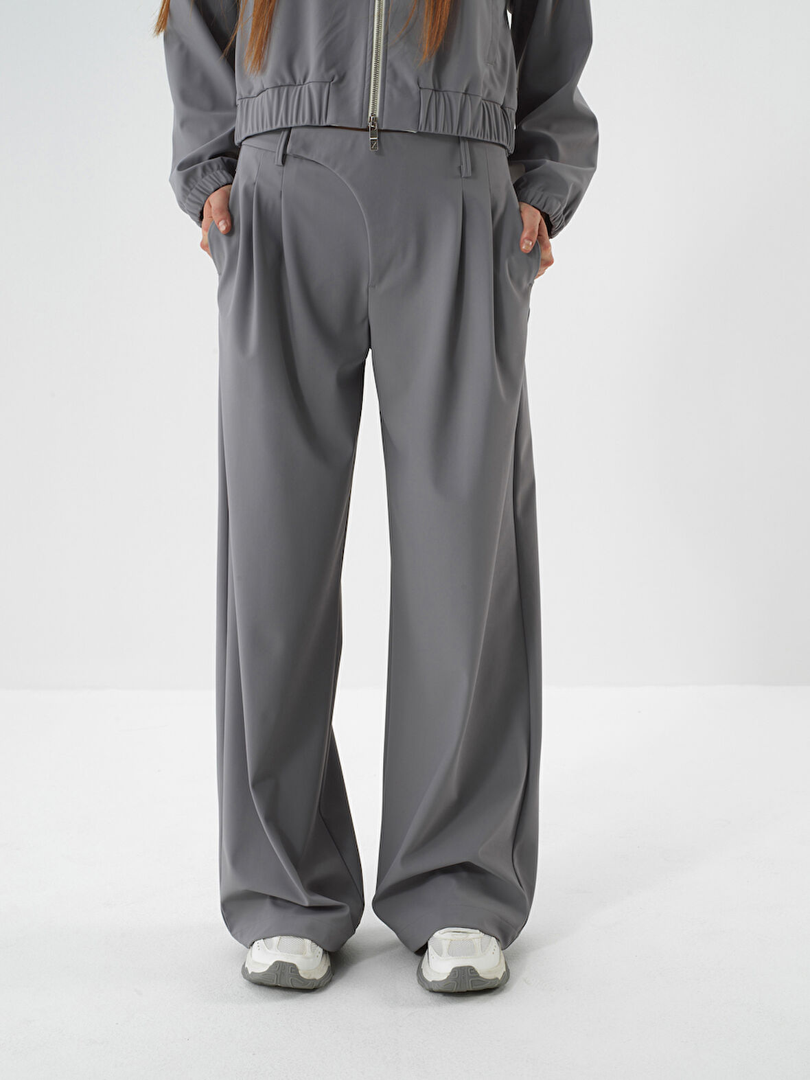 Xint Gri Esnek Dokulu Oversize Pantolon