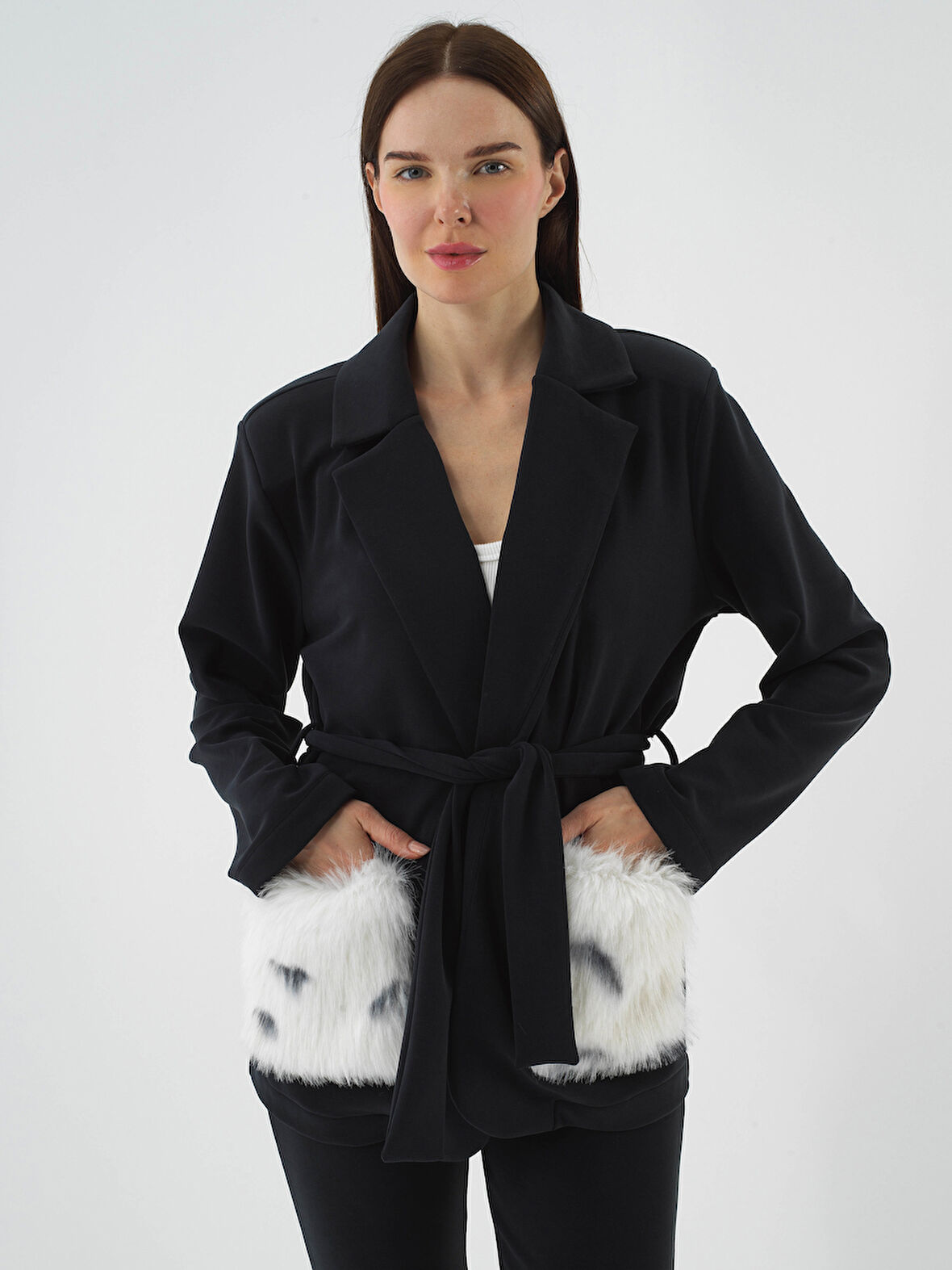 Xint Lacivert Modal Dokulu Oversize Ceket