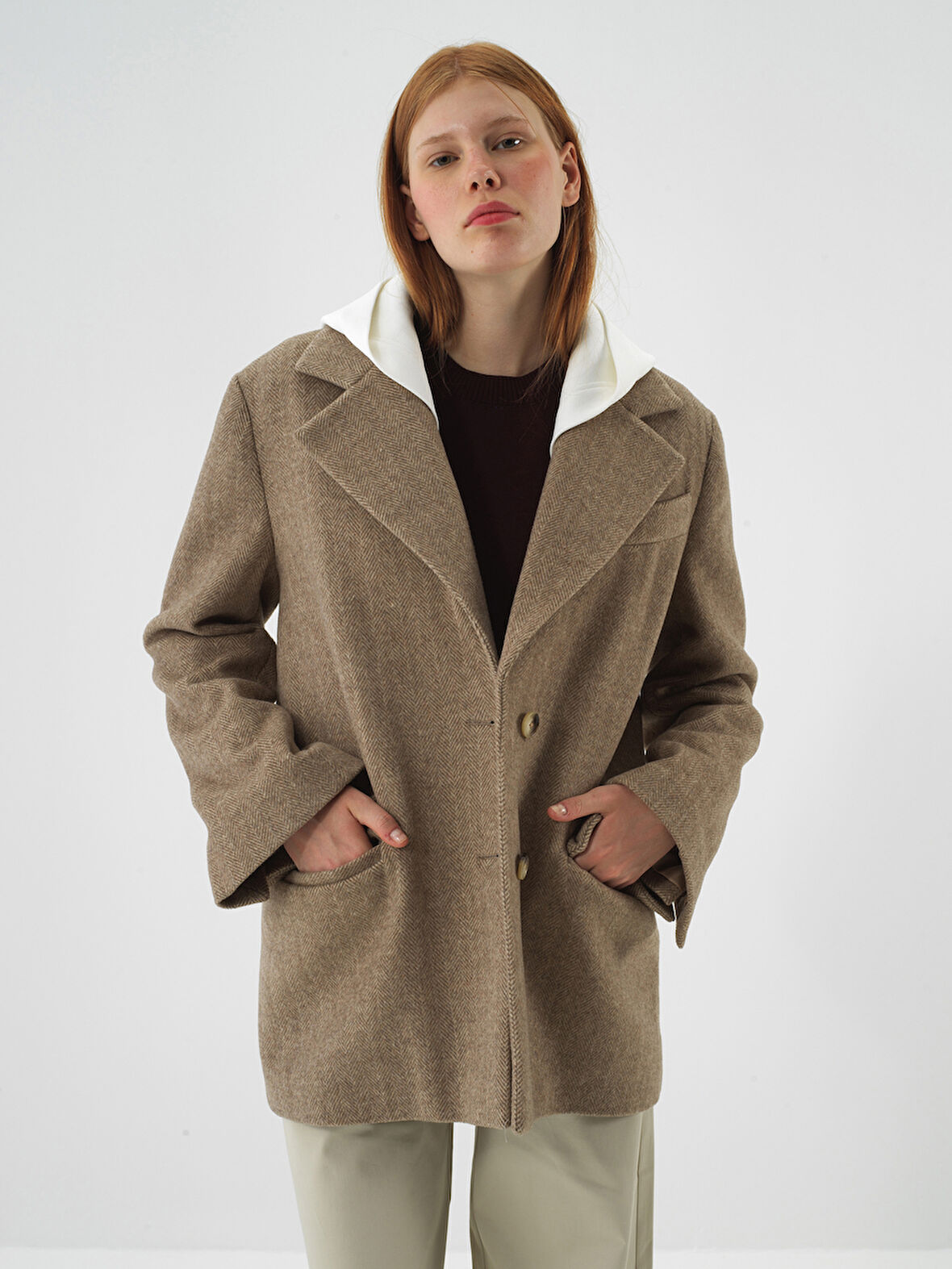 Xint Camel Doğal Yün Dokulu Oversize Ceket