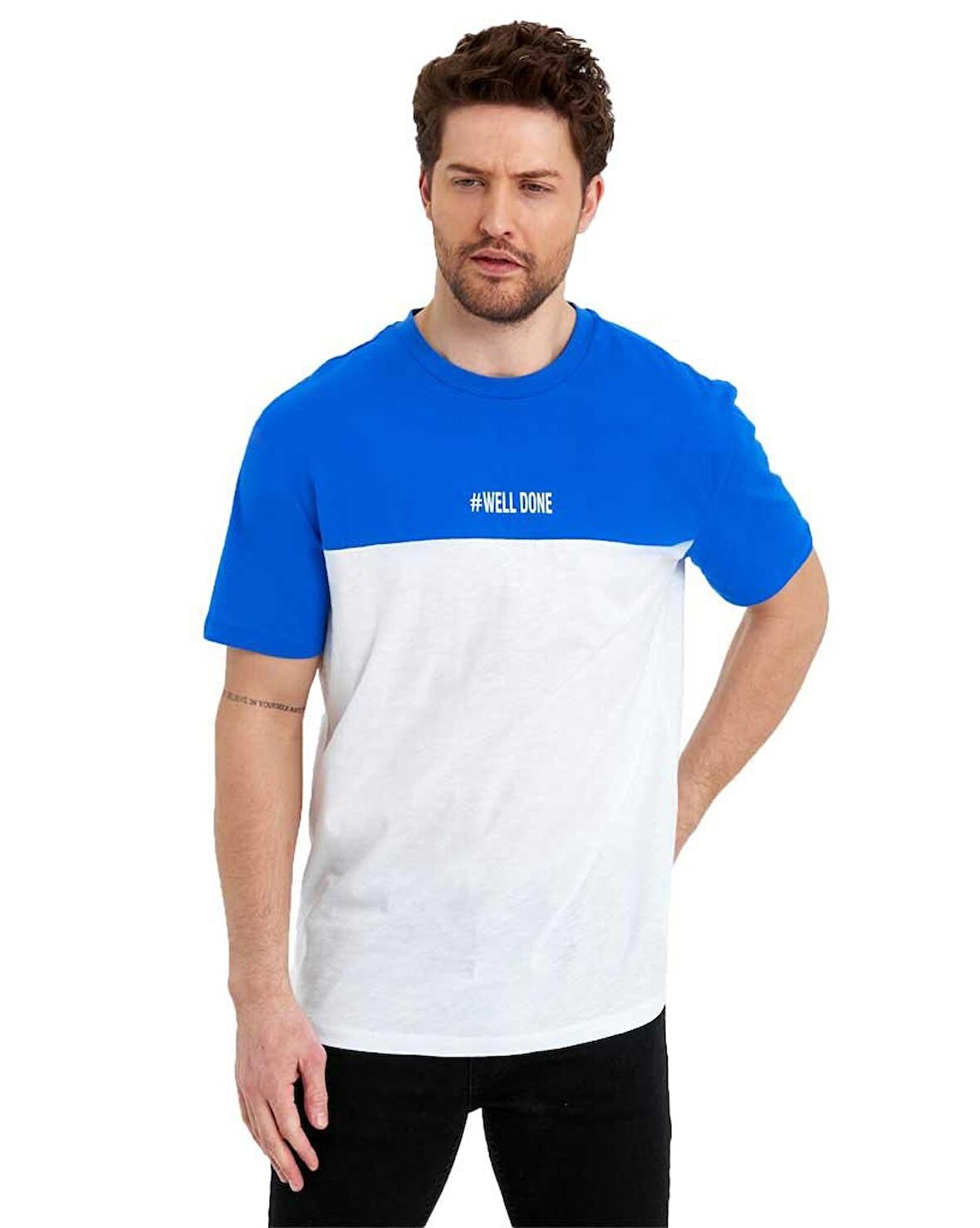 Erkek Bisiklet Yaka Blok Renkli Regular Fit Baskılı Tişört