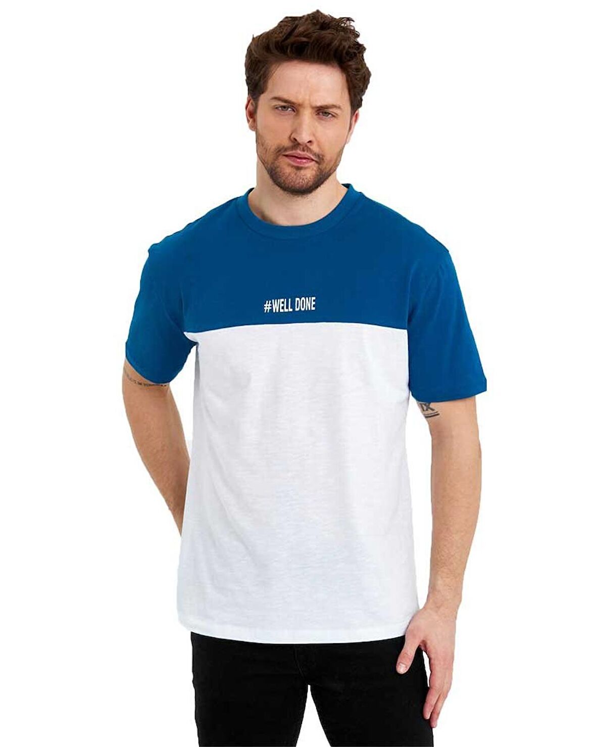 Erkek Bisiklet Yaka Blok Renkli Regular Fit Baskılı Tişört