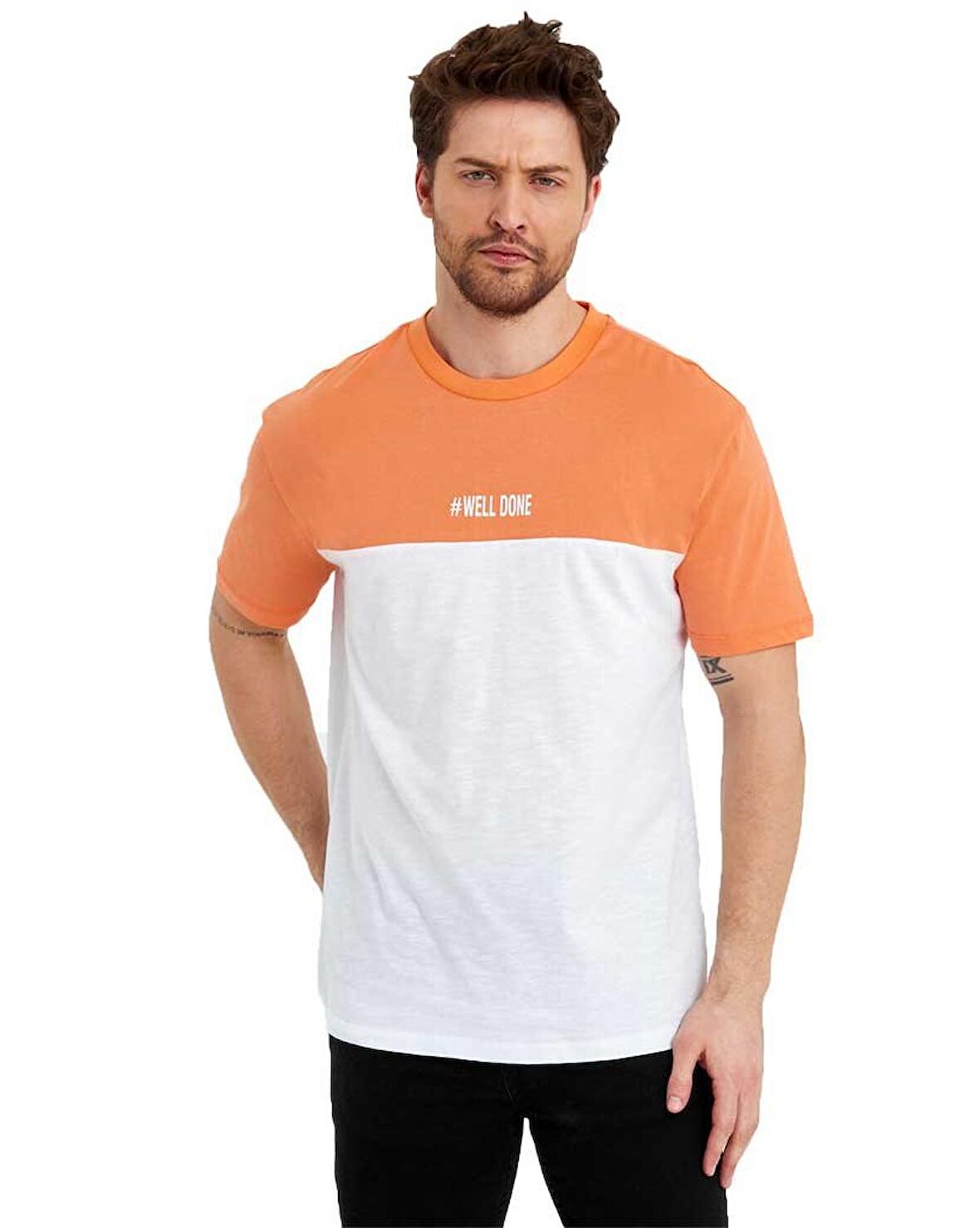 Erkek Bisiklet Yaka Blok Renkli Regular Fit Baskılı Tişört
