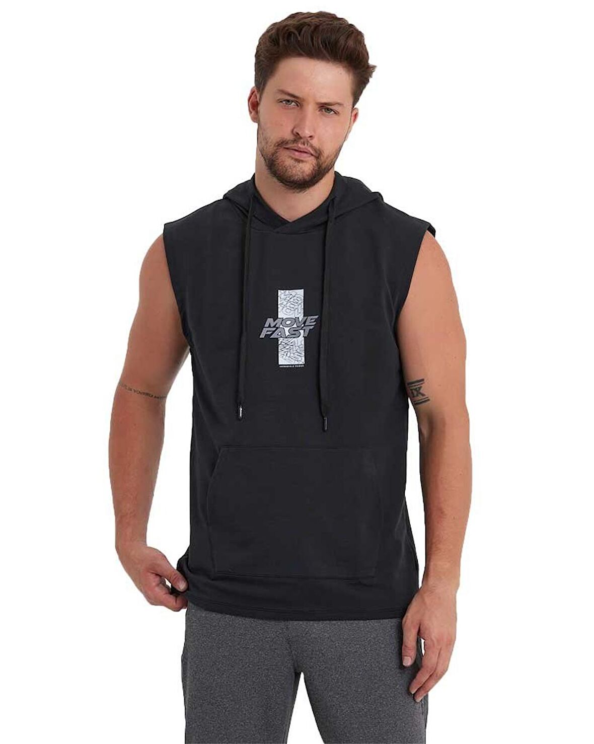 Erkek Kapüşonlu Kanguru Cepli Kolsuz Sweatshirt
