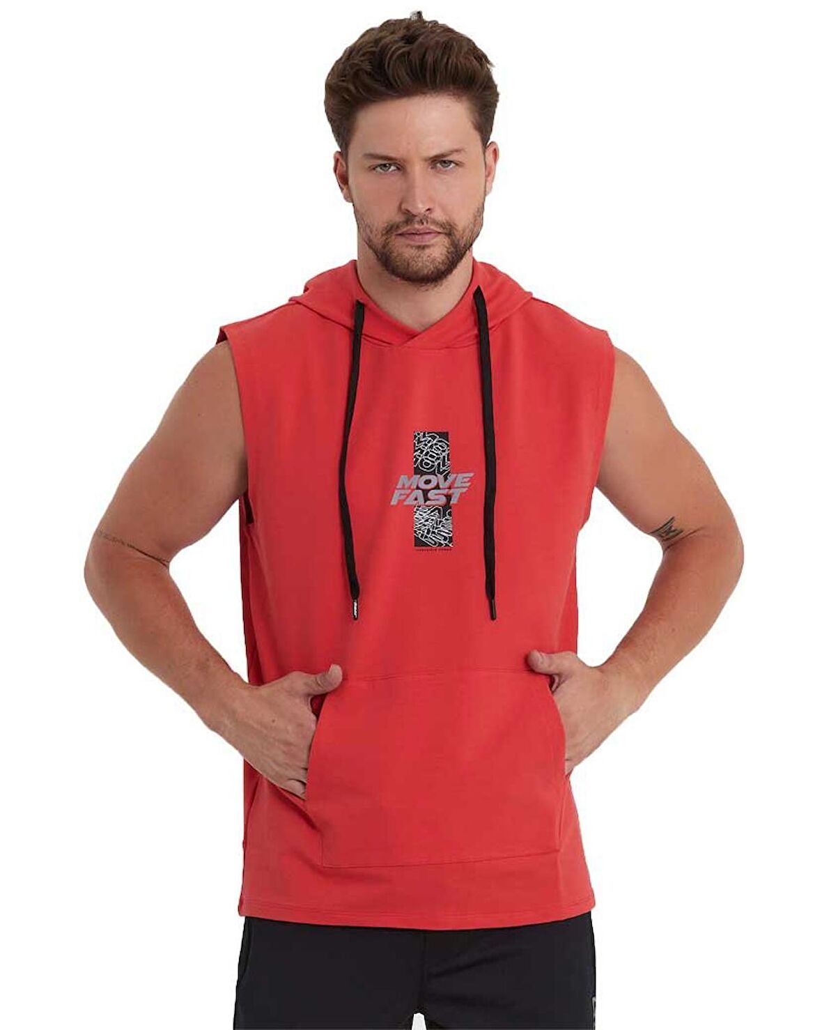 Erkek Kapüşonlu Kanguru Cepli Kolsuz Sweatshirt