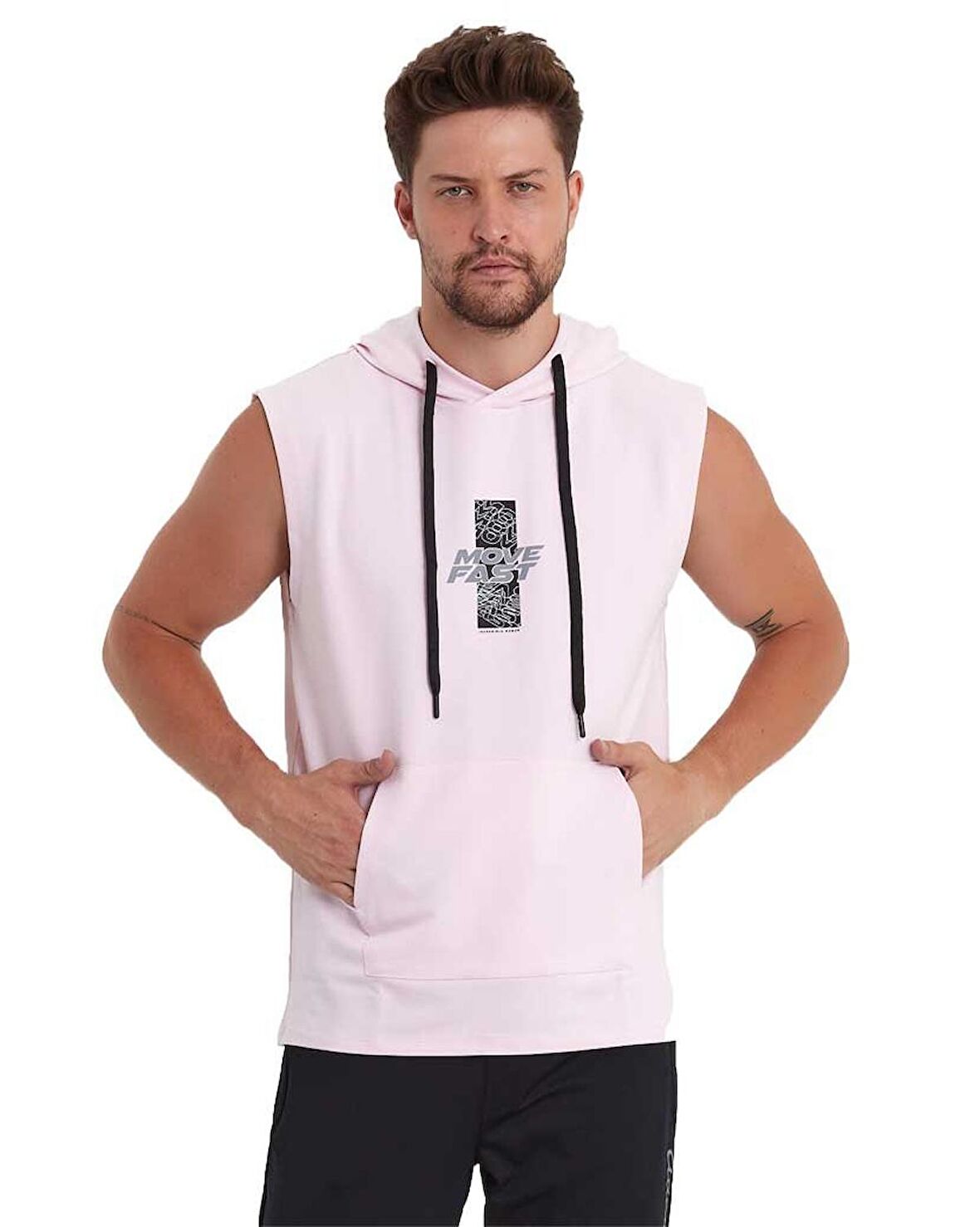 Erkek Kapüşonlu Kanguru Cepli Kolsuz Sweatshirt