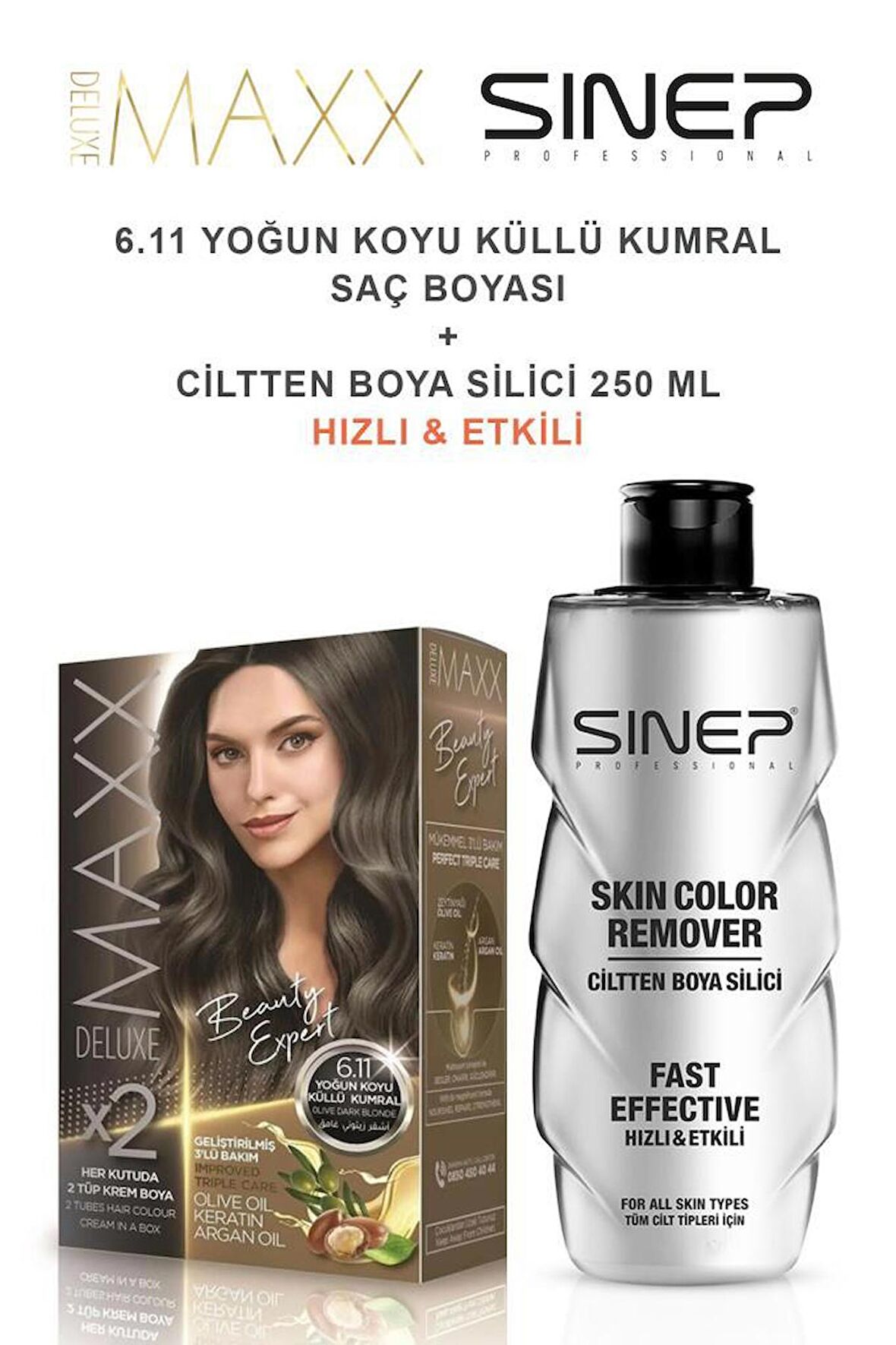 Maxx Deluxe Saç Boyası 6.11 Yoğun Koyu Küllü Kumral-Profesyonel Cillten Boya Silici Set