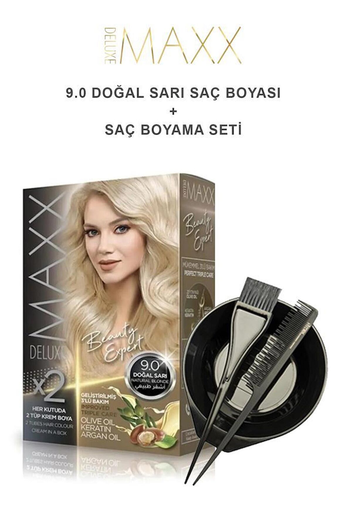 Maxx Deluxe Saç Boyası 9.0 Doğal Sarı-Boyama Seti
