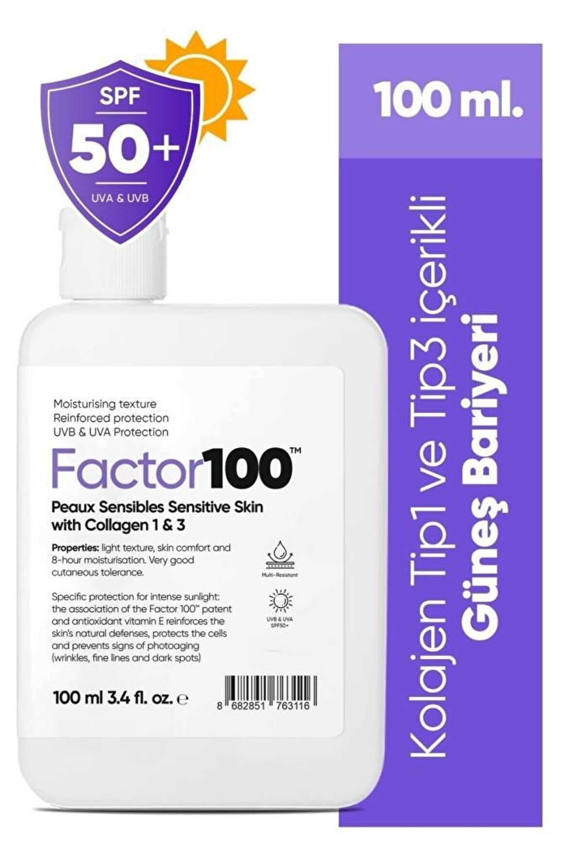 Factor100 50+ Faktör Leke Karşıtı-Nemlendirici Hassas Ciltler İçin Renksiz Güneş Koruyucu Krem 100 ml