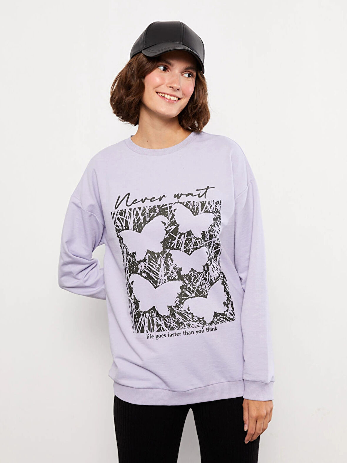 LCW Vision Lila Bisiklet Yaka Baskılı Uzun Kollu Kadın Sweatshirt