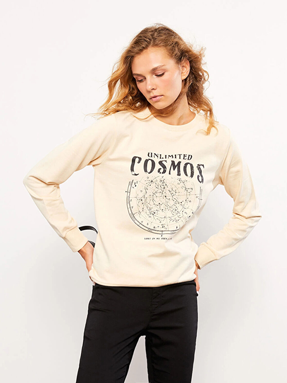 LCW Vision Bej Bisiklet Yaka Baskılı Uzun Kollu Kadın Sweatshirt