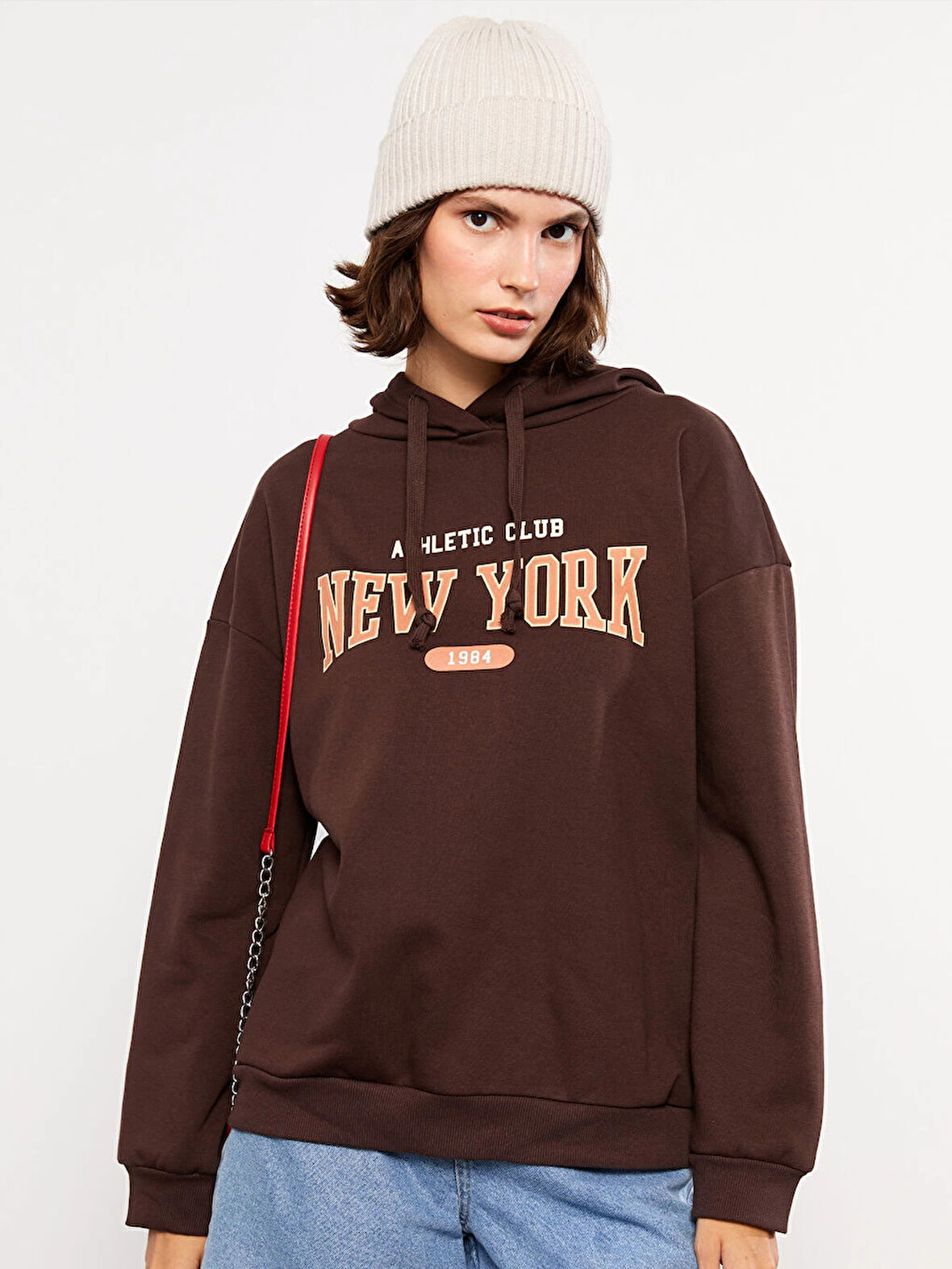 LCW Vision Kahverengi Baskılı Kadın Kalın Hoodie