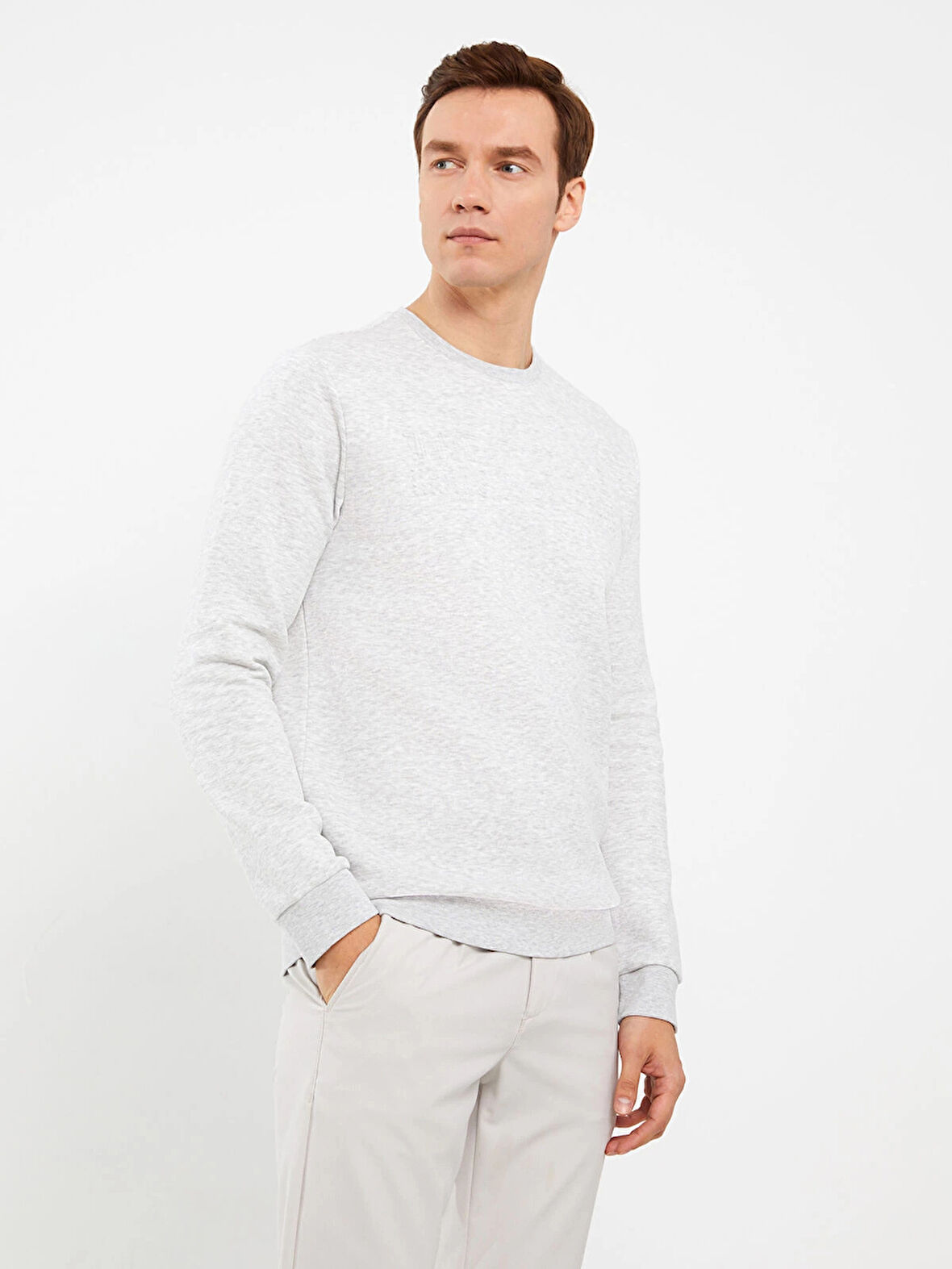 LCWAIKIKI Classic BEJ Bisiklet Yaka Uzun Kollu Baskılı Erkek Kalın Sweatshirt