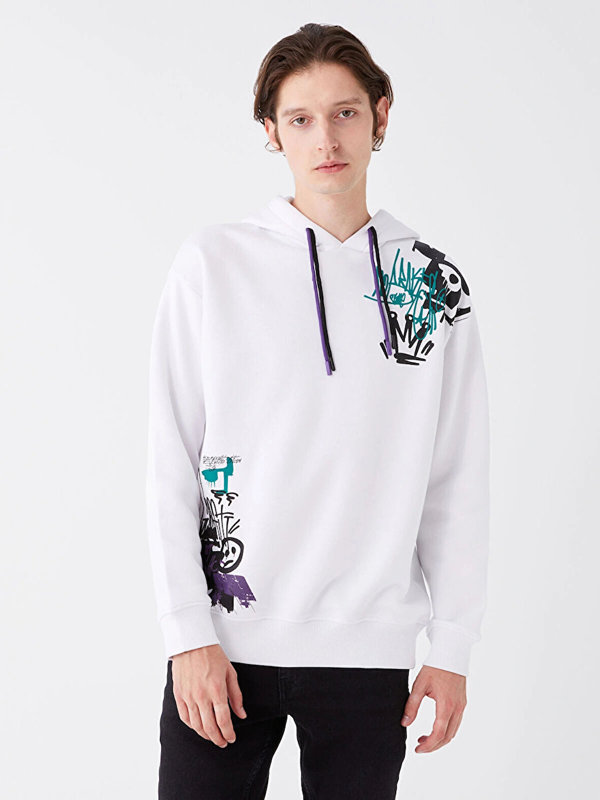 XSIDE Beyaz Uzun Kollu Baskılı Erkek Kalın Hoodie