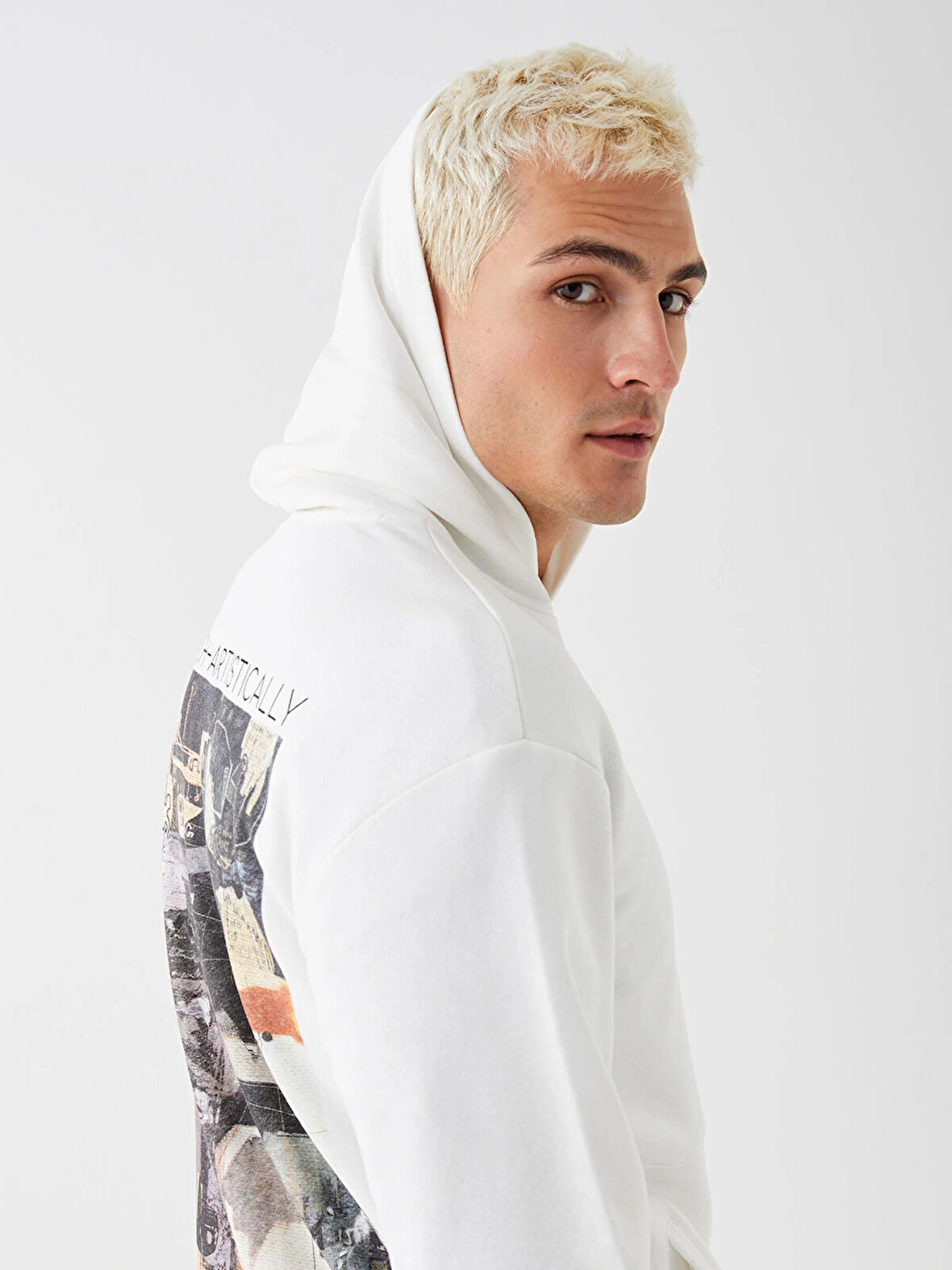 XSIDE Ekru Uzun Kollu Baskılı Erkek Hoodie