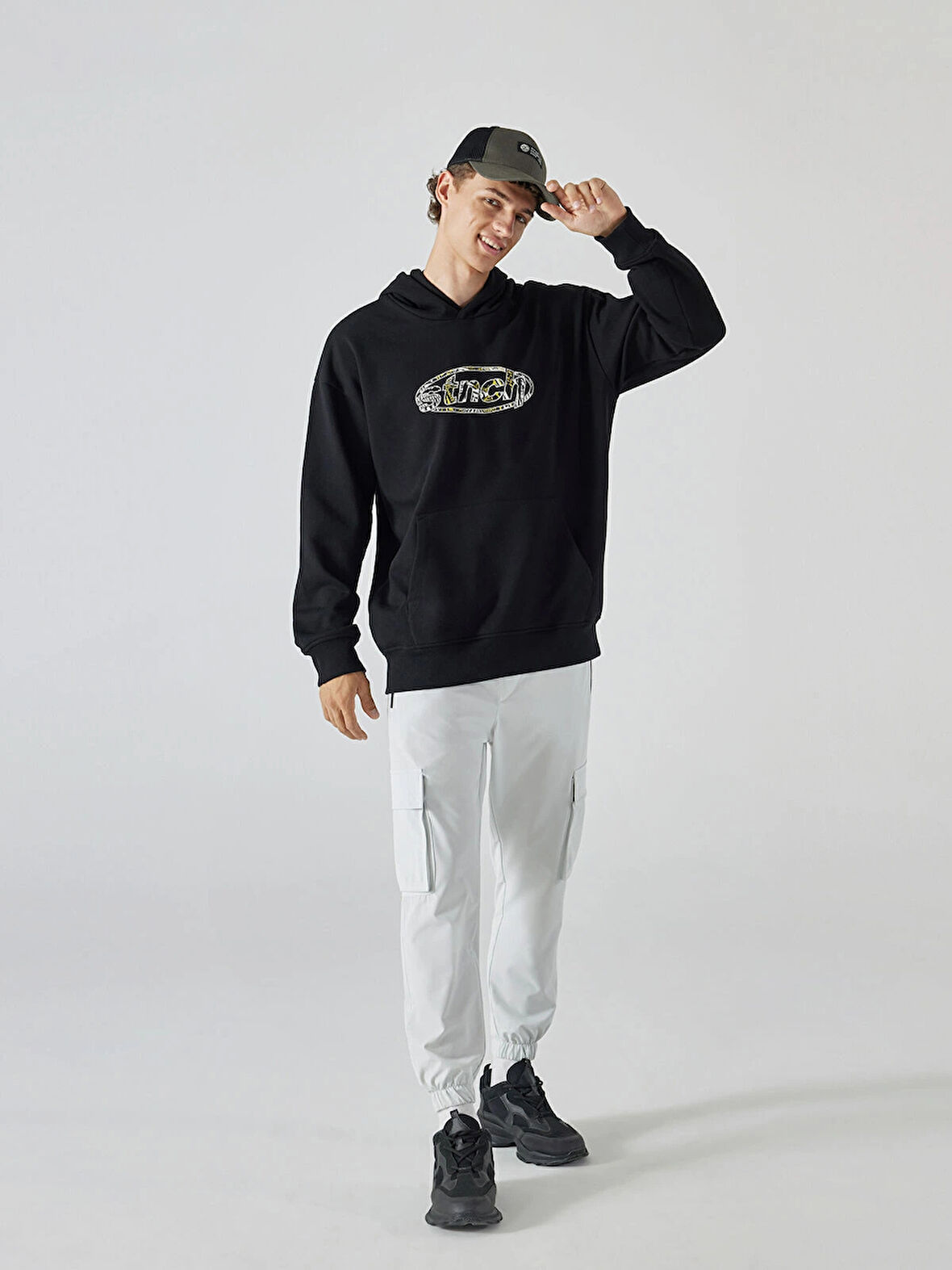 XSIDE Siyah Uzun Kollu Baskılı Erkek Kalın Hoodie