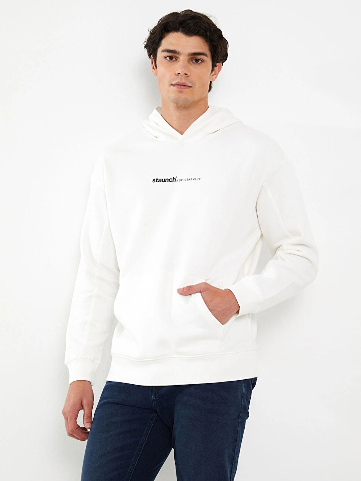 XSIDE Beyaz Uzun Kollu Baskılı Erkek Kalın Hoodie