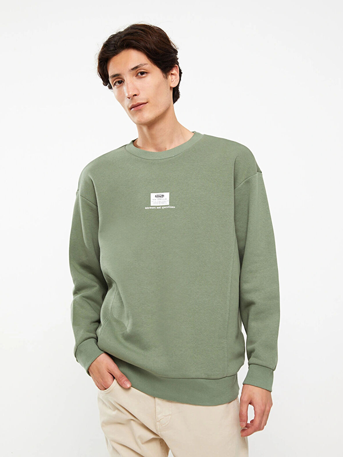 XSIDE Yeşil Bisiklet Yaka Baskılı Erkek Kalın Sweatshirt