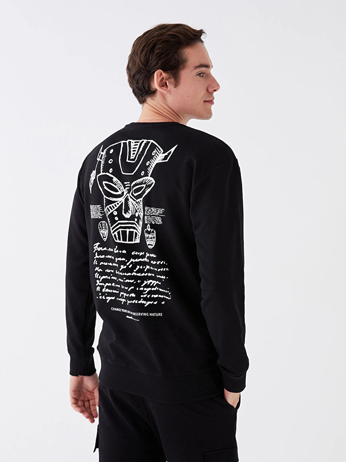 XSIDE Siyah Bisiklet Yaka Uzun Kollu Baskılı Erkek Sweatshirt