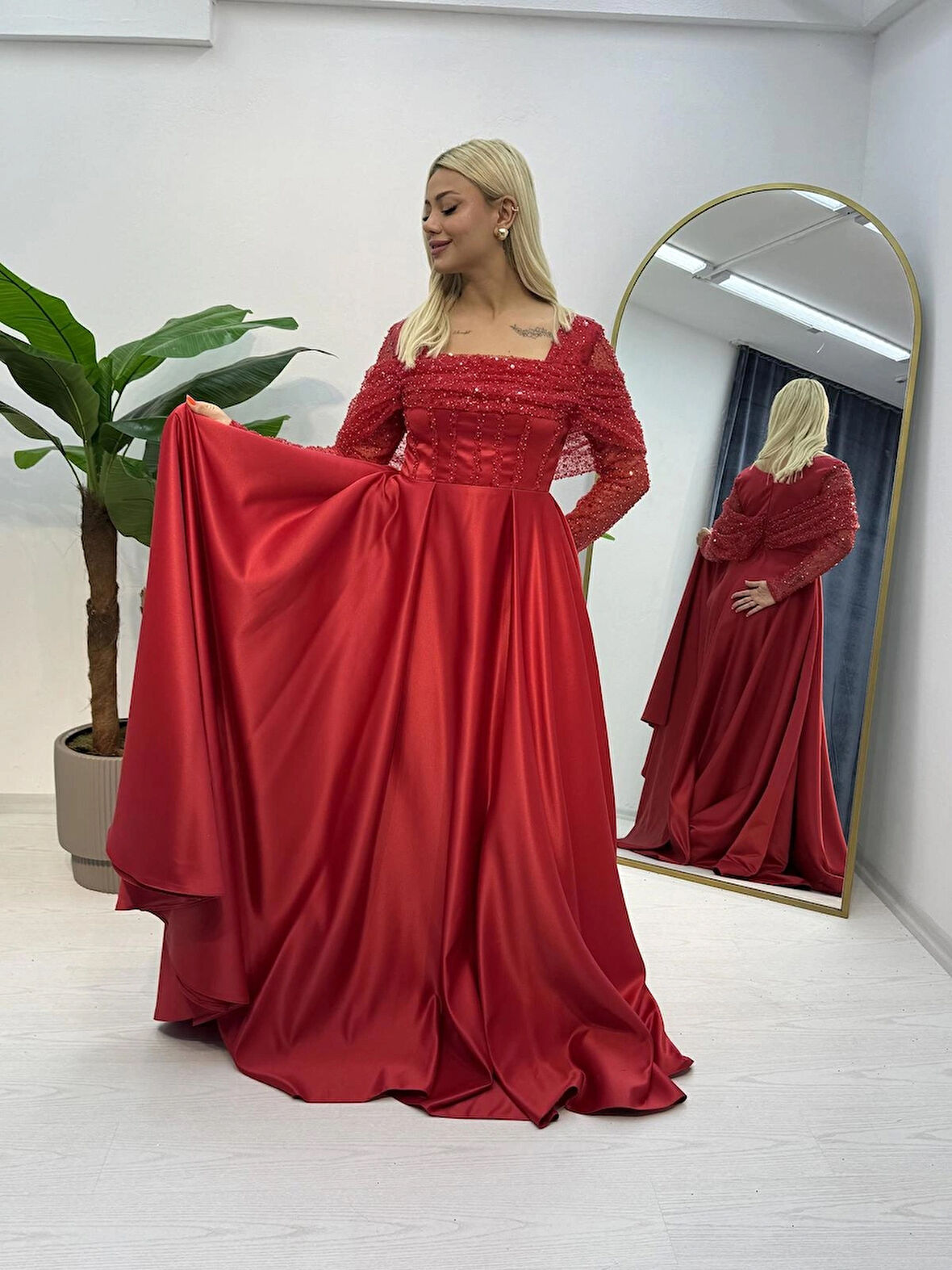 Uzun Kollu Saten Abiye