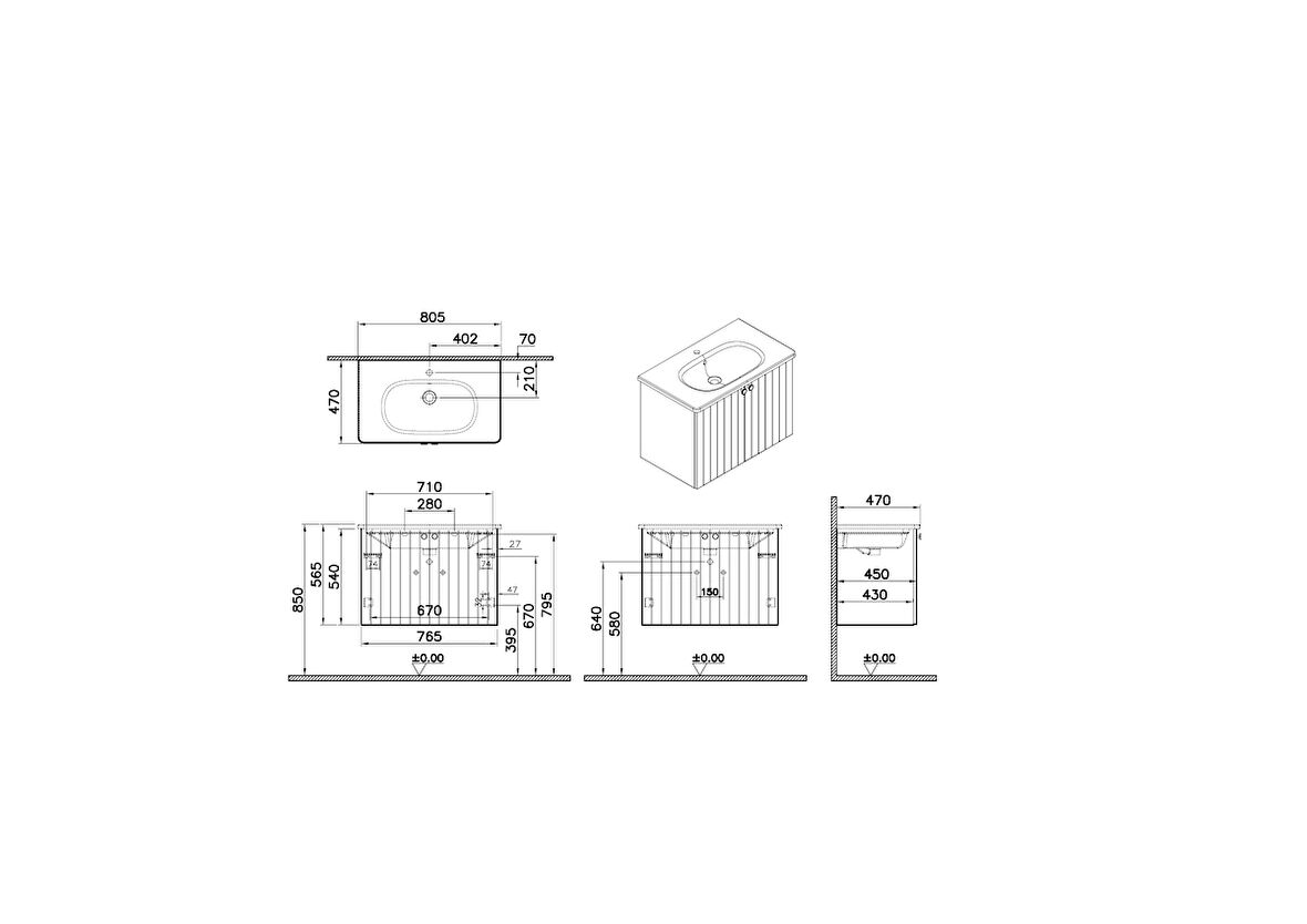 VitrA Root Grove 69289 Lavabo Dolabı, Kapaklı, Mat Beyaz, 80 cm