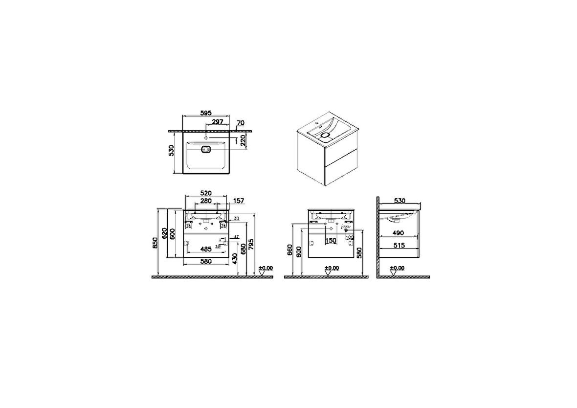 VitrA Metropole Pure 67225 Lavabo Dolabı, 2 Çekmeceli, Mat Grafit, 60 cm