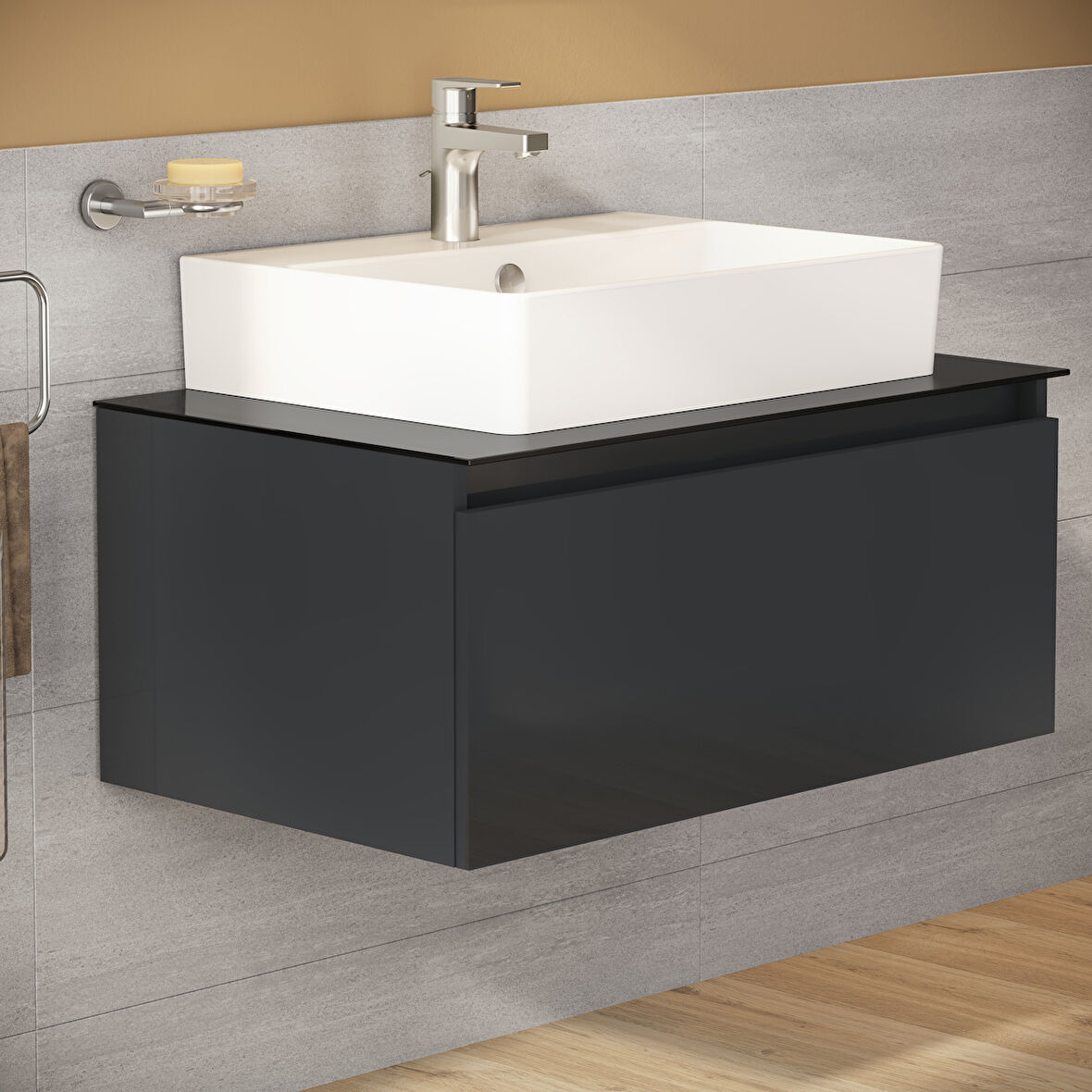 VitrA Nuo 67693 Lavabo Dolabı, Parlak Antrasit, Çanak Lavabolu, 80 cm